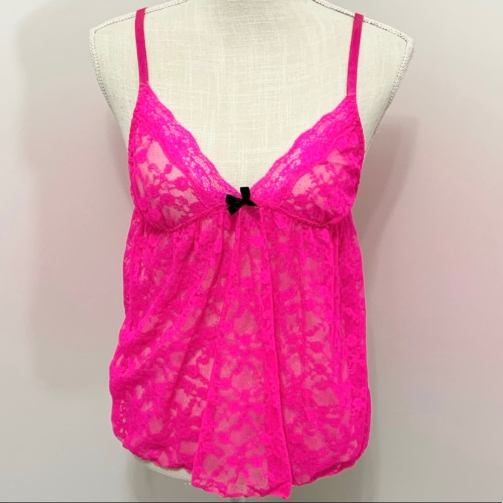 Y2k Hot Pink Coquette Babydoll Stretchy Lace Lingerie Top L - EUC